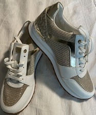 New No Box Michael Kors Women White Leather Gold Glitter Sneakers,Sz.7.5