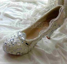 su.cheny -Lace white ivory crystal flats low high heel pump Wedding Bridal shoes