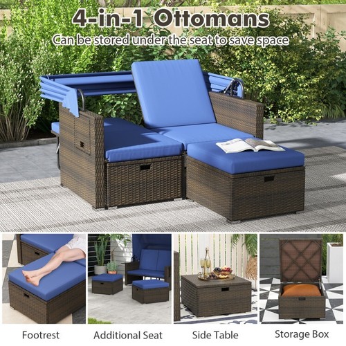 Outdoor Patio Rattan Daybed W/ Retractable Canopy Sofa Bed Loveseat Lounger Set - Picture 8 of 14