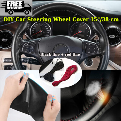 DIY Leather Car Steering Wheel Cover Needle Thread Anti-slip Black For Kenworth