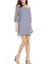 Skies Are Blue Embroided Dress Gingham Plaid Womens Small Off Shoulder Floral