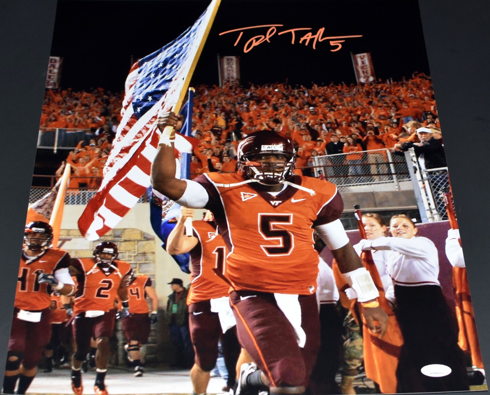 Tyrod Taylor Autographed Signed Virginia Tech Hokies USA FLAG 16x20 PHOTO JSA 