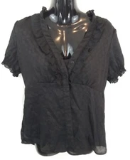 AB Studio Blouse Women's Small Black Top Ruffles Button Up Dressy Built in Cami