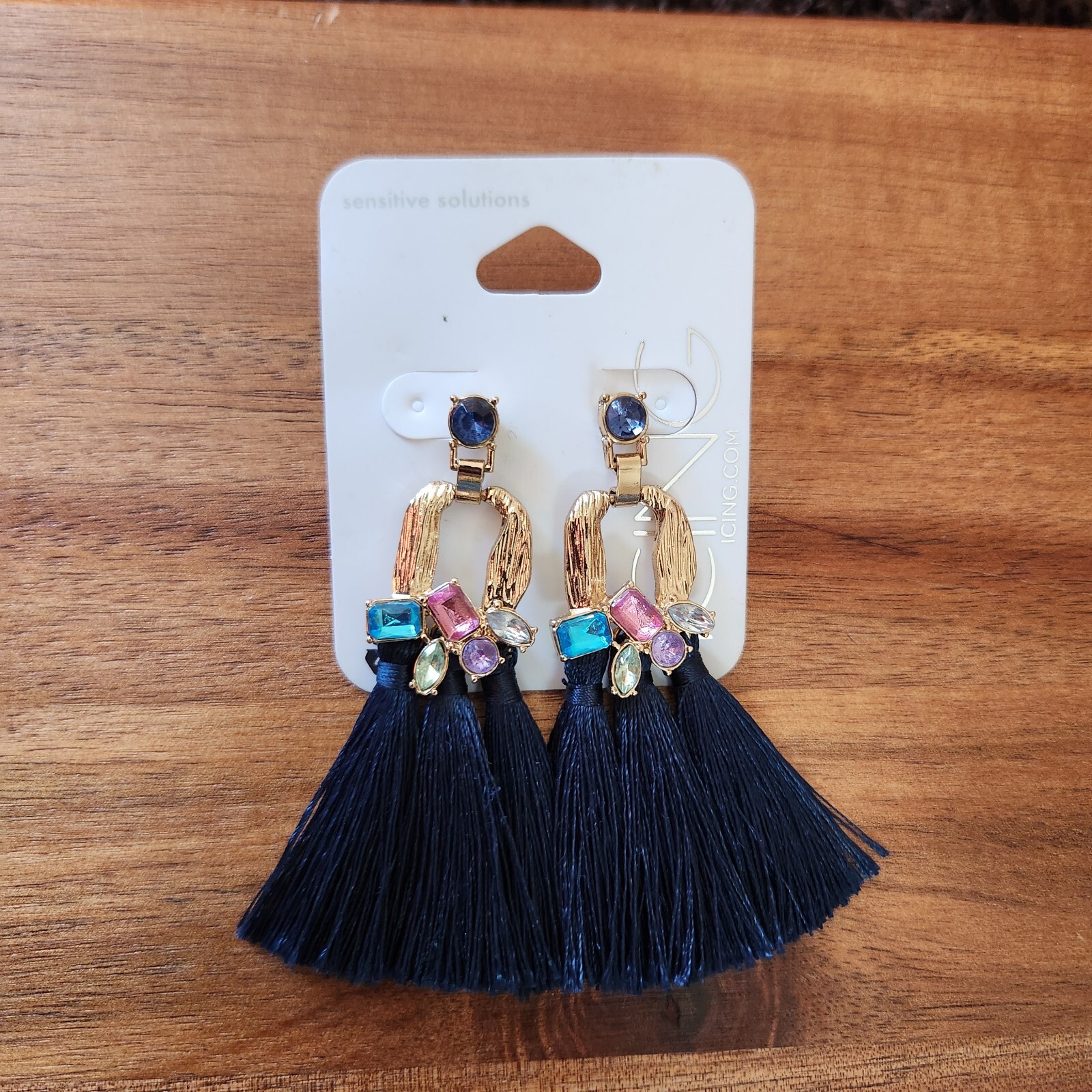 Colorful Rhinestone Blue Tassel Pierced Earrings in Goldtone Jewelry