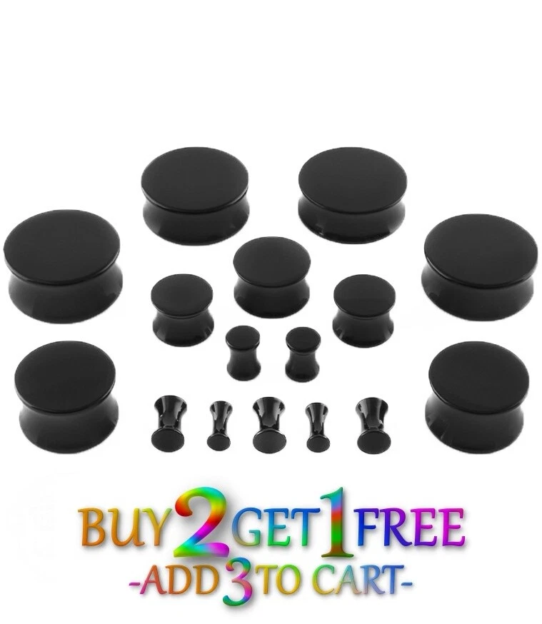Pair 8g-50mm BLACK ACRYLIC PLUGS Double Flare Gauges Solid Ear Body Tunnels 1002 - Image 3 of 4