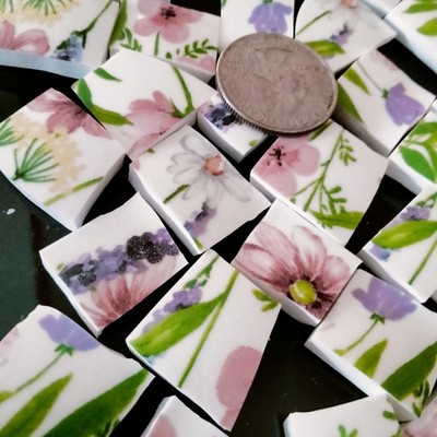 SPRING FLOWERS  Broken China Plate MOSAIC TILES Shards Hand Cut Multi-Color