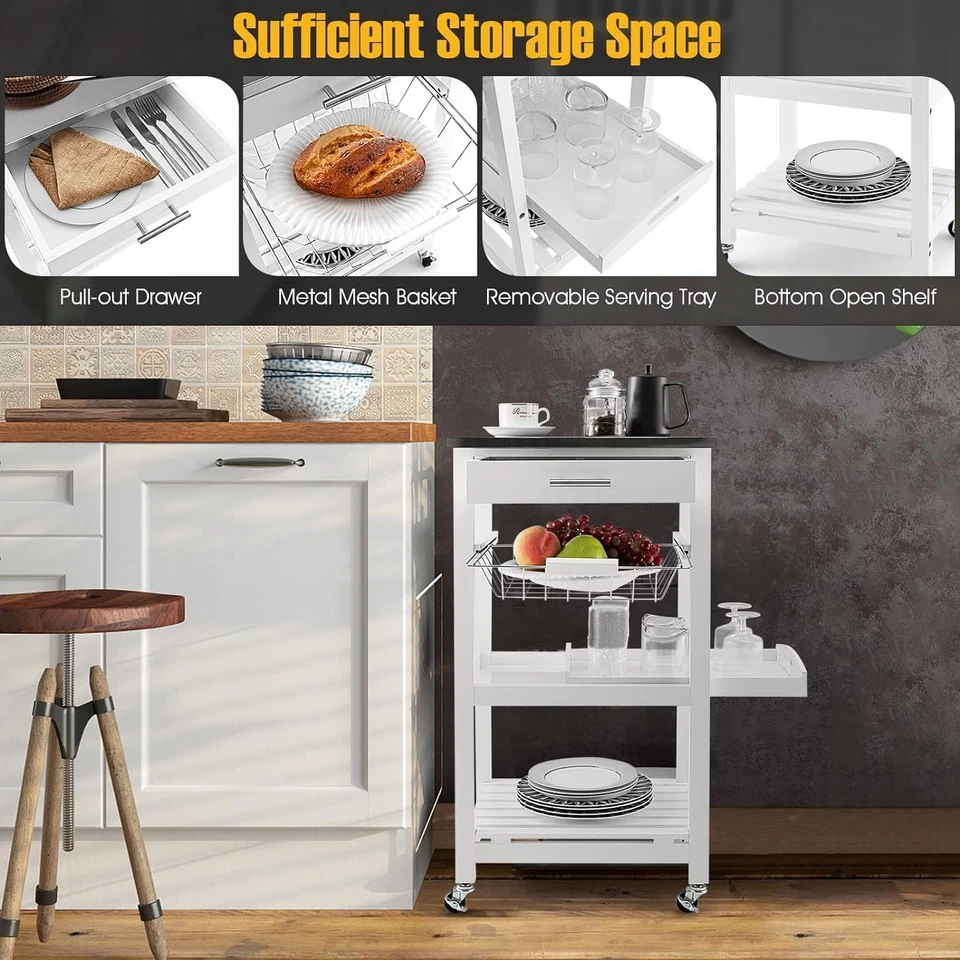 Carro isla de cocina pequeño, estante de almacenamiento para microondas de 4 niveles con acero inoxidable... Foto 4 de 4