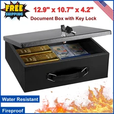 Fireproof Document Box with Key Lock, Large Safe Chest for Valuables, Portable