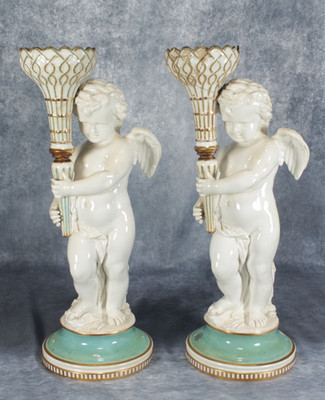 Antikes Paar Copeland Spode figürliche Cherub Fackelträger Kerzenständer