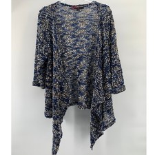 Boho Knit Cardigan L Textured Metallic Blue Tan Open Front Layering Sweater USA