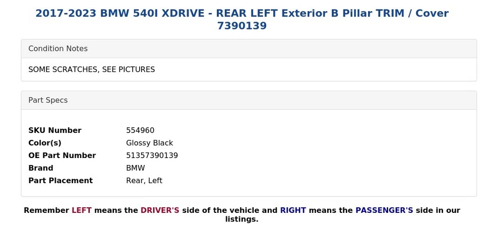 BMW 540I XDRIVE 2017-2023 - Exterior trasero izquierdo borde pilar B/cubierta 7390139 Foto 3 de 4