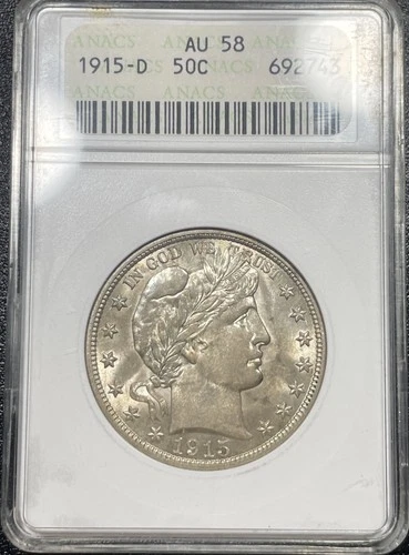 1915-D Barber Half Dollar 50c ANACS AU58 About Uncirculated Soapbox