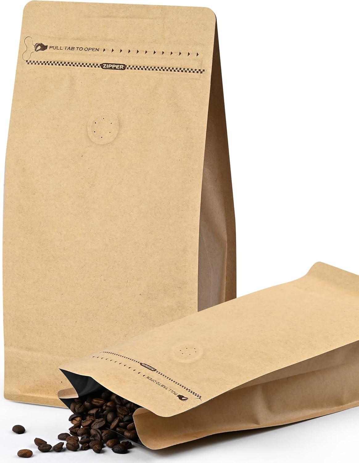 50 PCS Coffee Bags with Valve, (16 Oz, 1 Lb) Paper Stand up Pouches, Resealable