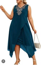 Ostrade Women's Plus Blue Teal Sequin Applique Chiffon Formal Dress Size 3XL