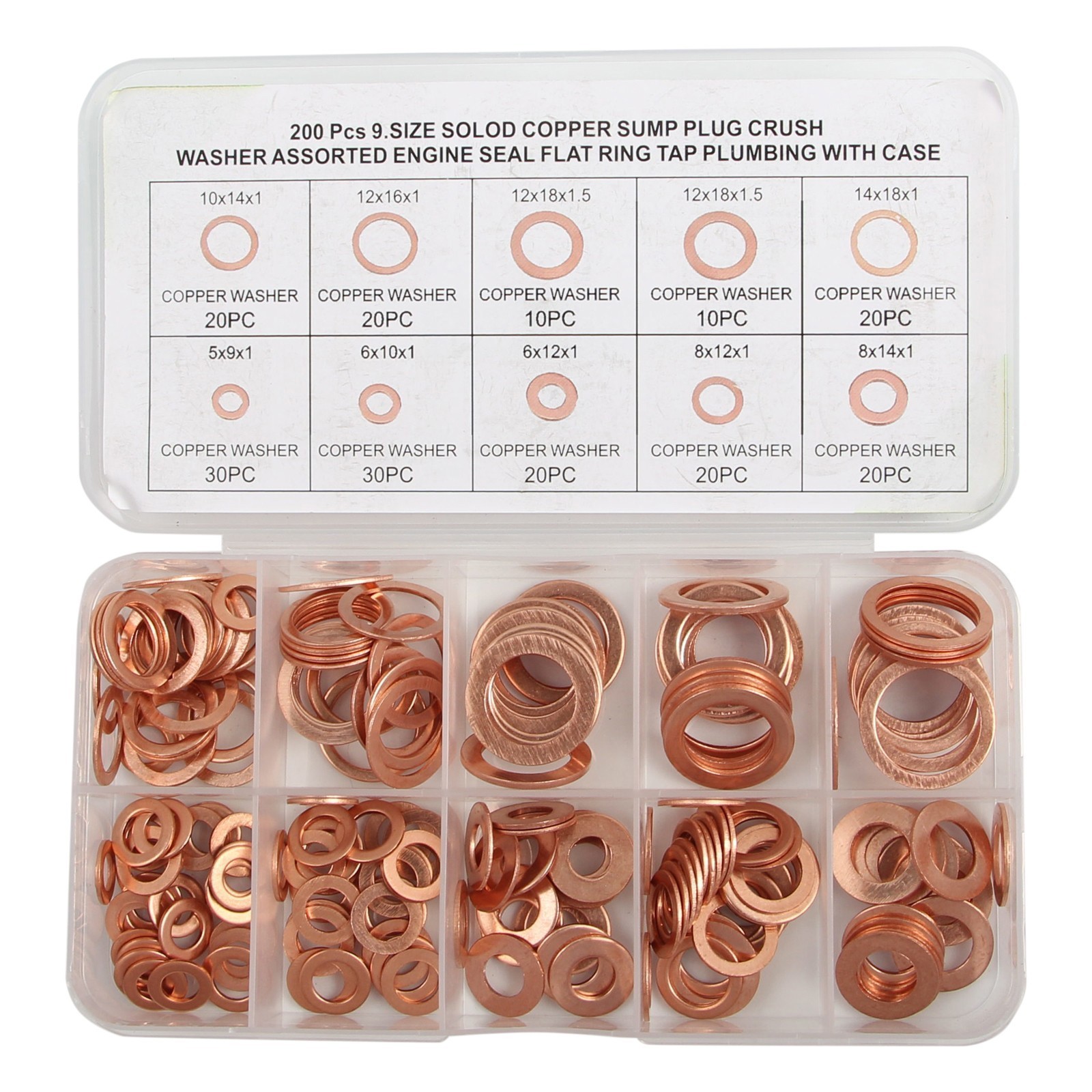 200PCS Premium Copper Metric Sealing Crush Washers Assortment Kit Flat Washer
