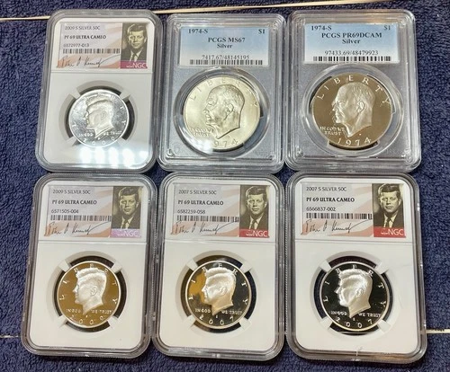 Six Silver Coins (2 40% Eisenhowers & 4 90% Proof Kennedys)…graded & slabbed!