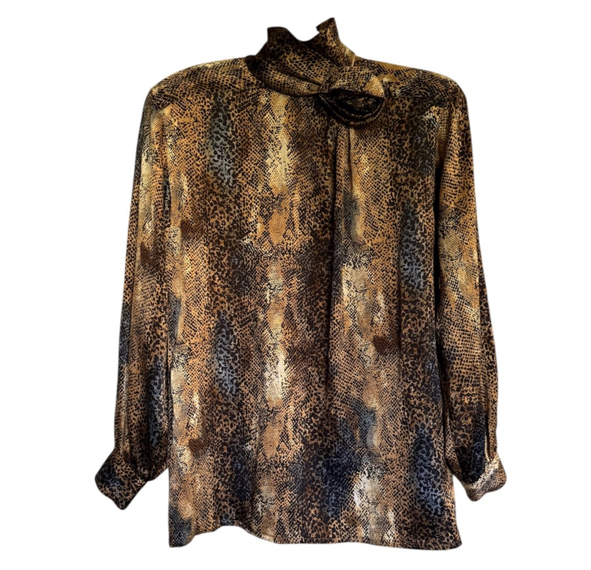 Vintage Escada 100% Silk Animal Print Mock Neck Blouse Top Rosette Size 34 US 4