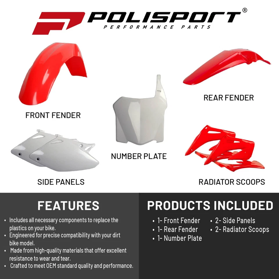 Polisport MX Plastic Kit for Honda CRF450R (2002-2003) Dirt Bike, OEM, Red/White - Image 2 of 4