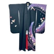 Black Kimono Set Sakura Pattern Long Sleeve Full Plus Accessories Used