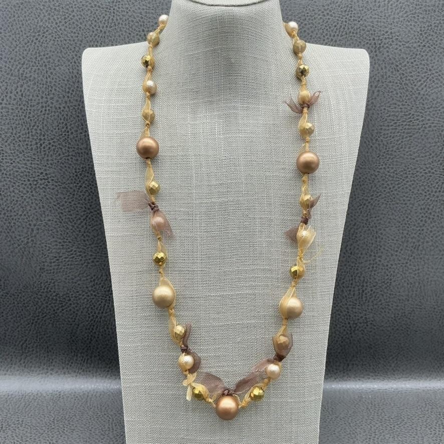 Collar Express Cinta Cuentas Mujer Largo Dorado Bronce Marrón Organza Imitación Perla