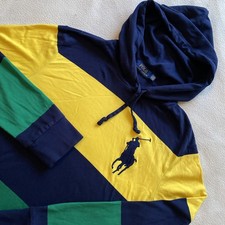 Polo Ralph Lauren Hoodie Shirt Mens Small Big Pony Navy Green Yellow Striped