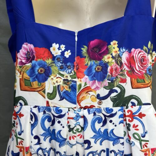 Dalia MacPhee Marine Blue & Red Floral Geometric Tie-Shoulder A-Line Dress Sz M - Picture 3 of 8