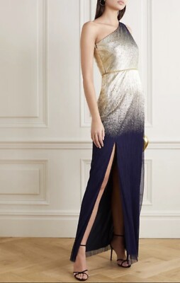 marchesa notte black and gold dress One-Shoulder Metallic Plisse-Tulle Pleated Foil Gown Navy 8 floral dress