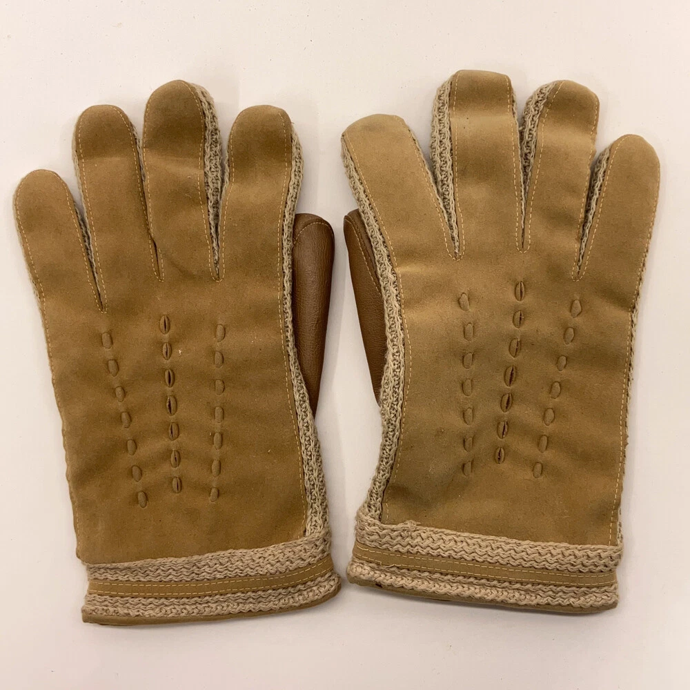 Brown Beige and knit retro winter gloves mens size 8-9