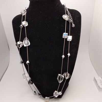 Premier Designs Long Silvetone Necklace Clear Acrylic Geometric Bead Statement