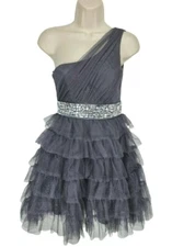 Trixxi Gray Glitter Ruffle Mini Fit & Flare Dress One Shoulder Women Junior Sz 3