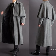 Gray Wool Blend Men's Overcoat with Cape Winter Warm Coat Outdoor Wear
