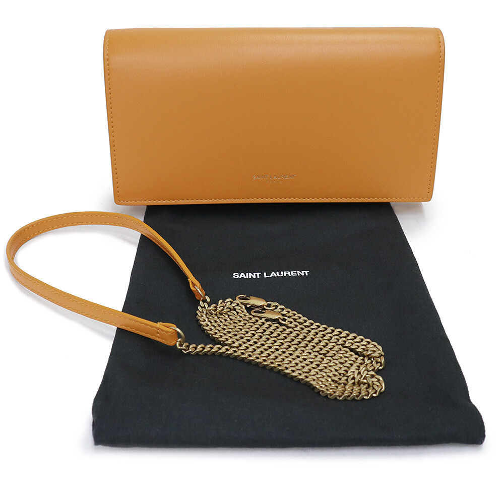 SAINT LAURENT PARIS Portafoglio con catena a tracolla in pelle liscia arancione 635203