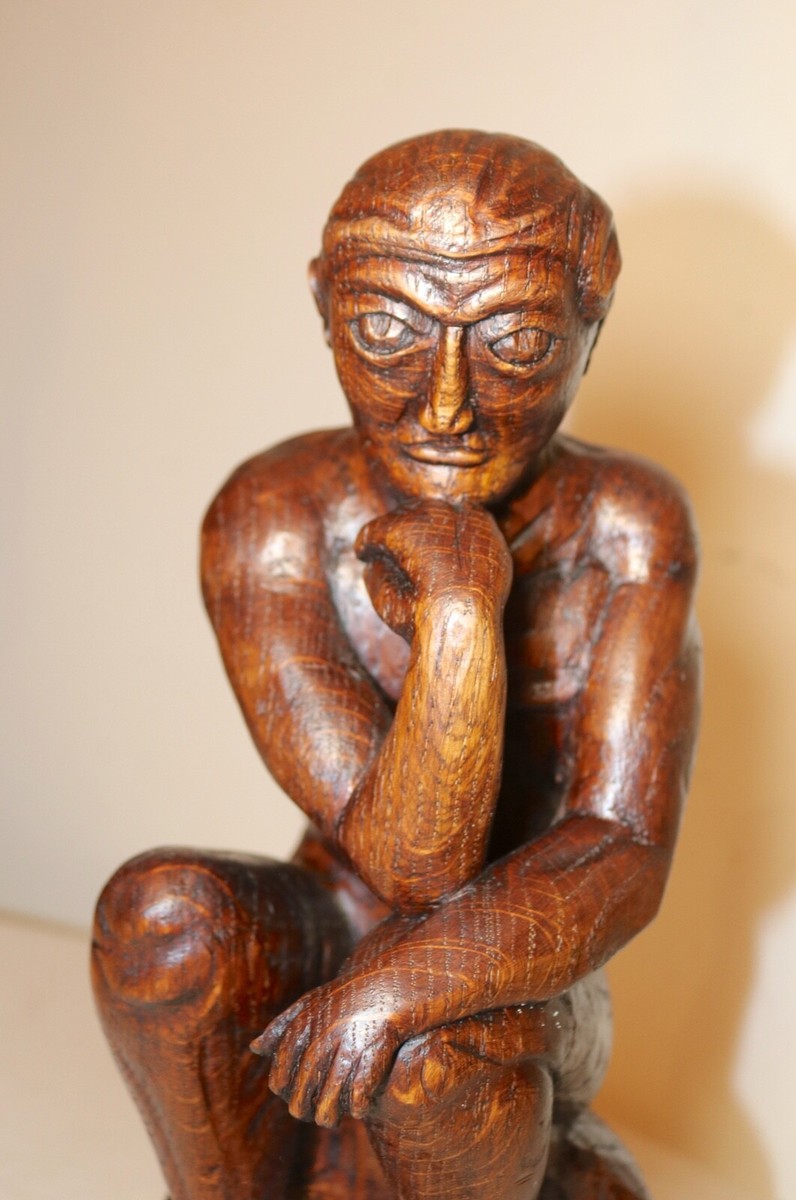 antique 1800's Folk Art hand carved wood figural thinking