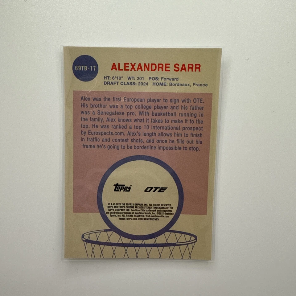 2021-22 Topps Chrome OTE #19TB-17 Alexandre Sarr 1969 Topps Basketball RC - Image 2 of 2