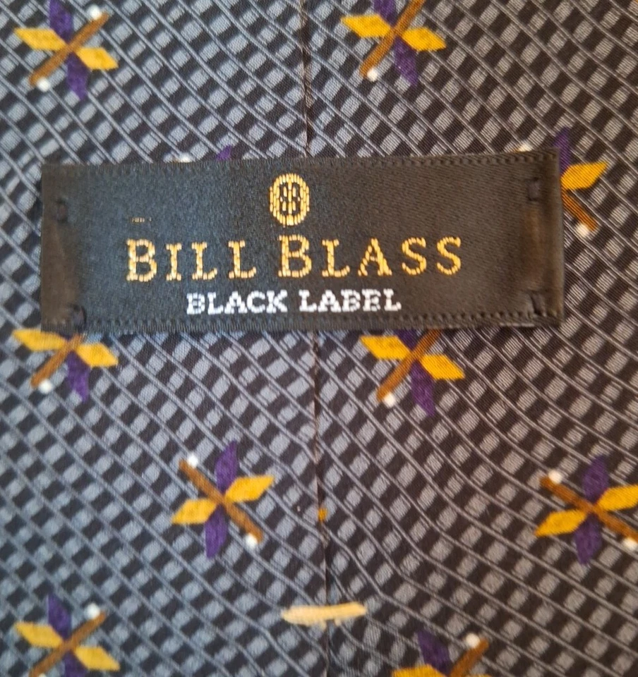 Bill Blass BLACK LABEL 100% Silk Tie Geometric Check Gray, Blk, Purple, Tan - Image 4 of 4