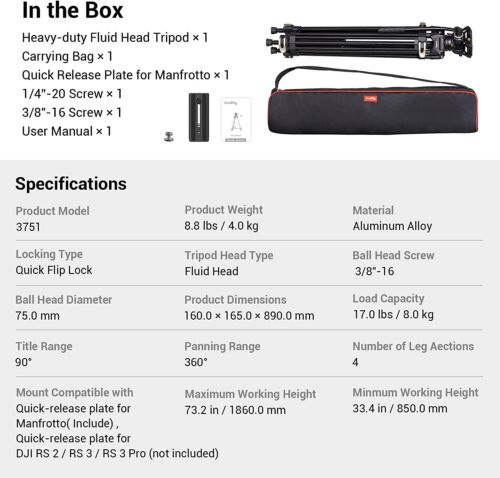 Sistema de trípode de video SmallRig, trípode de alta resistencia de 74" con cabezal fluido de 360 grados 3751 - Imagen 3 de 11