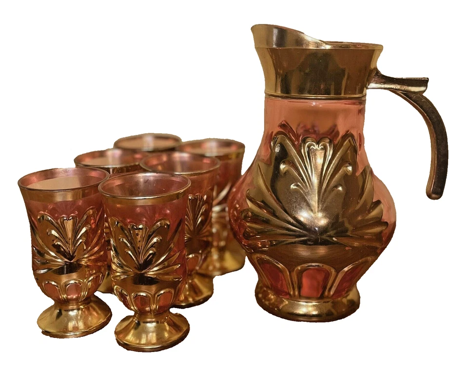 Juego de bebidas MCM de colección jarra 6 vasos arándano/oro rosa vajilla de bar Foto 3 de 4