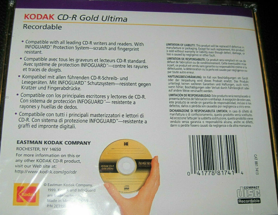 ** KODAK CD-R "GOLD ULTIMA" Rohling 650MB/74 Min NEU&OVP Rarität ** - Bild 2 von 2