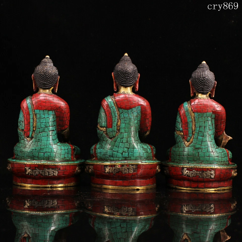 un conjunto colección Tíbet antiguo cobre puro con incrustaciones de gemas Tres santos Budas Foto 4 de 4