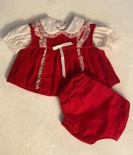 Vintage Babyfair Red Velvet 3pc Dress Ruffle Sleeve 0-6M Embroidered Lace Trim
