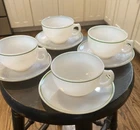 4 Vtg HAZEL ATLAS Ovide Platonite Green Band Cup & Saucers 8 Pc SET Milk Glass