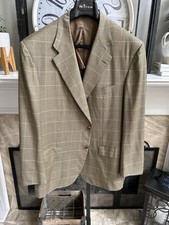 KITON men's super 180's sport jacket coat tan brown blue check plaid US 48R