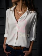Women's Chiffon Long Sleeve Button Down Shirt Blouse Ladies V-neck Tops S-5XL