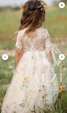 Rustic Lace Flower Girl Alzia Dress   Embroidered Tulle Gown with V-Back -Sz 3T