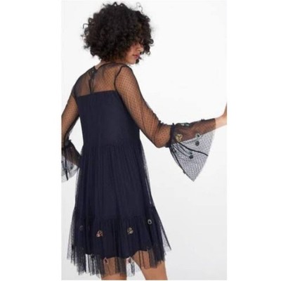 Zara Embroidered Beaded Tulle Overlay Dress Small Navy Blue Swiss Dot  Romantic | eBay
