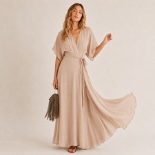 Reformation Winslow Wrap Maxi Dress Womens XS Taupe Neutral Crepe Wedding Guest