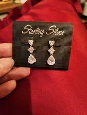 Sterling 925 Silver Dangle earrings Cz Wedding Formal Dressy Stamped
