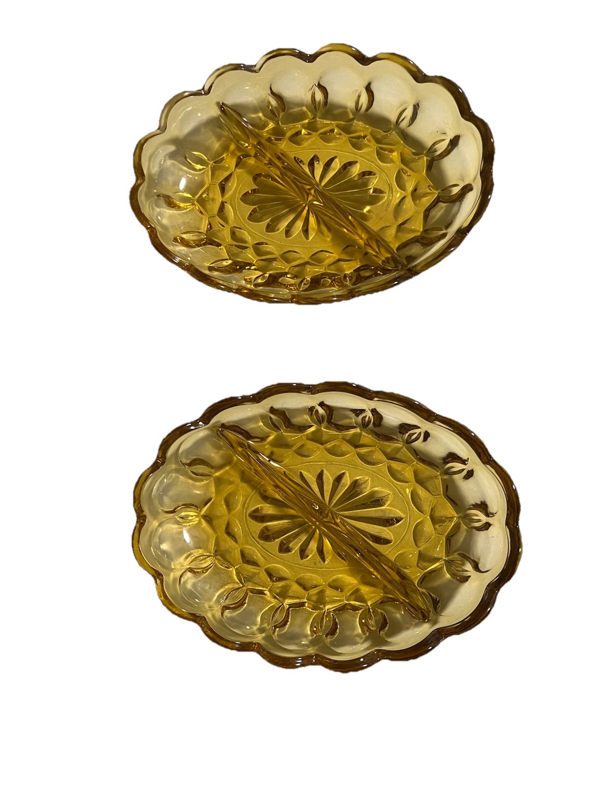Vintage Anchor Hocking Fairfield Yellow Amber Oval Divided Dish Scalloped Rim(2)