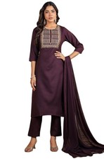 Women's Cotton Blend Yoke Embroidered Straight Kurta Set