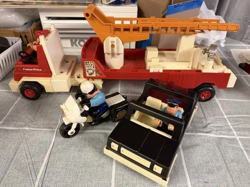 Vintage Fisher Price Police Vehicles and Fire Truck with Husky Helper Figures